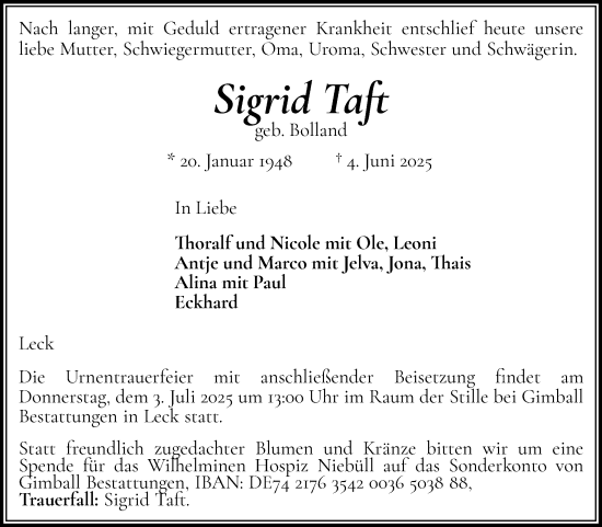 Traueranzeige von Sigrid Taft von Husumer Nachrichten, Nordfriesland Tageblatt