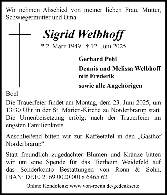 Traueranzeige von Sigrid Welbhoff von Schleswiger Nachrichten, Schlei-Bote