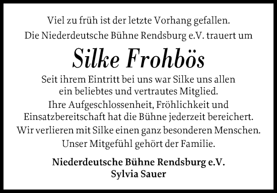 Traueranzeige von Silke Frohbös von Schleswig-Holsteinische Landeszeitung