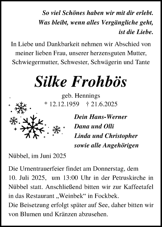 Traueranzeige von Silke Frohbös von Schleswig-Holsteinische Landeszeitung