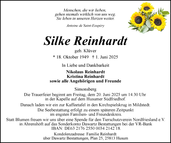 Traueranzeige von Silke Reinhardt von Husumer Nachrichten, Nordfriesland Tageblatt