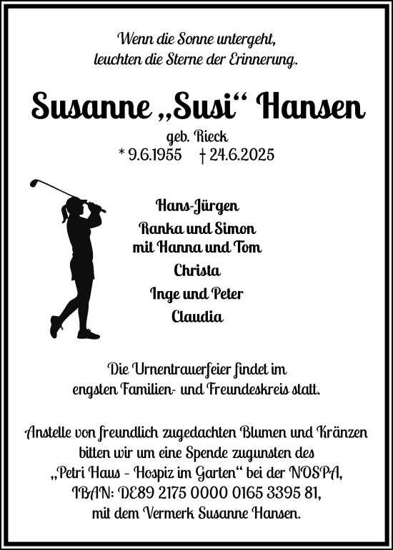 Traueranzeige von Susanne Hansen von Schleswiger Nachrichten, Schlei-Bote