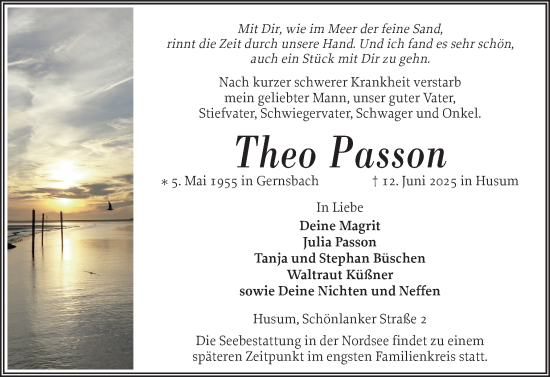 Traueranzeige von Theo Passon von Husumer Nachrichten, Nordfriesland Tageblatt