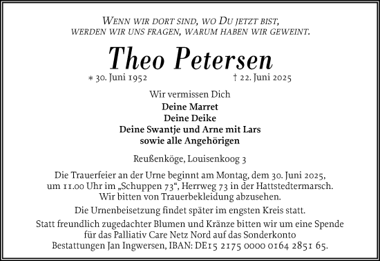 Traueranzeige von Theo Petersen von Husumer Nachrichten, Nordfriesland Tageblatt