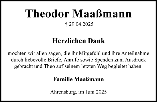 Traueranzeige von Theodor Maaßmann von MARKT Ahrensburg/Bargteheide/Trittau und Stormarner Tageblatt