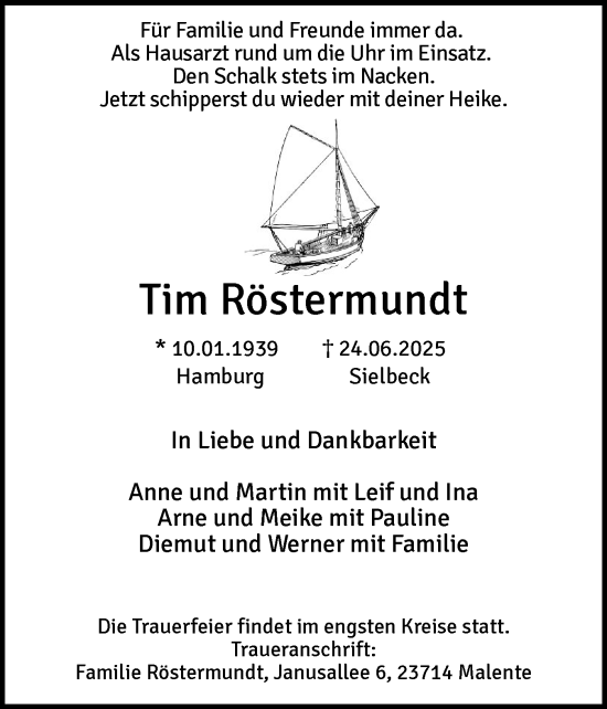 Traueranzeige von Tim Röstermundt von Ostholsteiner Anzeiger
