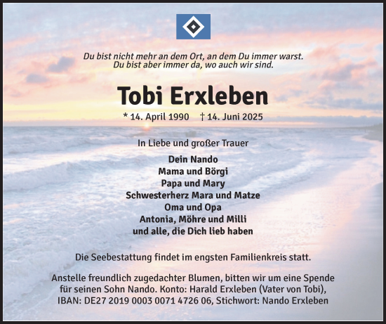 Traueranzeige von Tobi Erxleben von Uetersener Nachrichten, Der tip am Wochenende