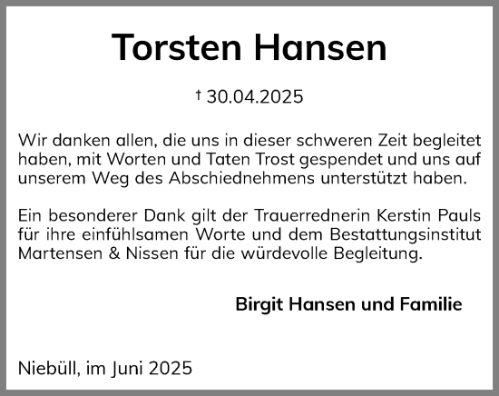 Traueranzeige von Torsten Hansen von Husumer Nachrichten, Nordfriesland Tageblatt