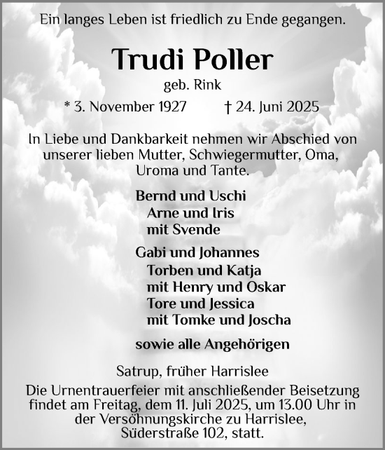 Traueranzeige von Trudi Poller von Flensburger Tageblatt, Schleswiger Nachrichten, Schlei-Bote