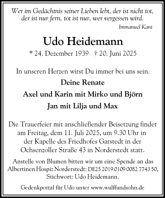 Traueranzeige von Udo Heidemann von Heimatspiegel