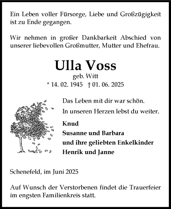 Traueranzeige von Ulla Voss von Norddeutsche Rundschau, Wilstersche Zeitung, Glückstädter Fortuna