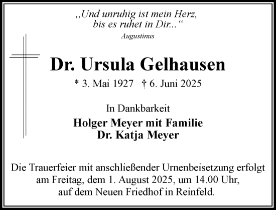Traueranzeige von Ursula Gelhausen von MARKT Bad Oldesloe/Reinfeld und Stormarner Tageblatt