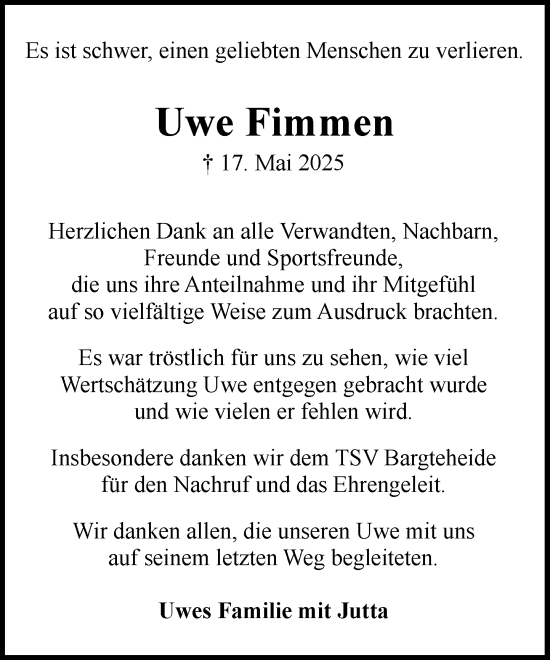Traueranzeige von Uwe Fimmen von MARKT Ahrensburg/Bargteheide/Trittau und Stormarner Tageblatt