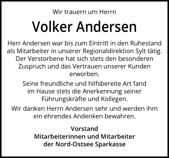 Traueranzeige von Volker Andersen von Sylter Rundschau