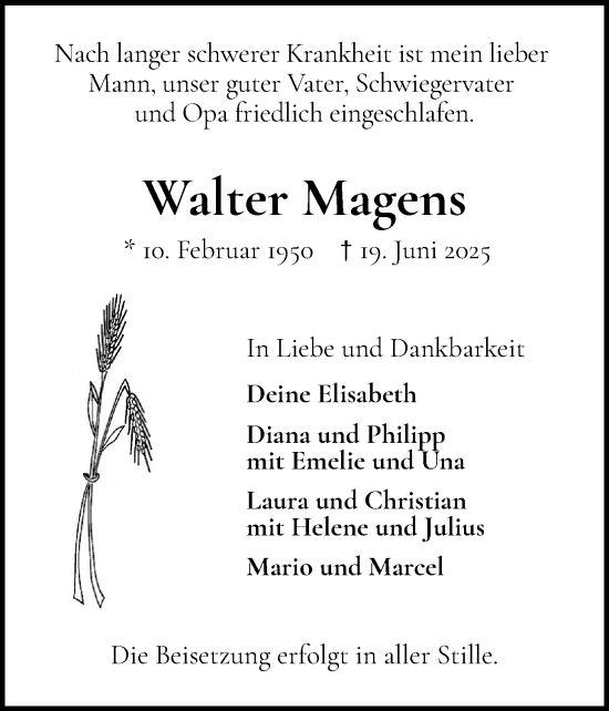 Traueranzeige von Walter Magens von Norddeutsche Rundschau, Wilstersche Zeitung, Glückstädter Fortuna