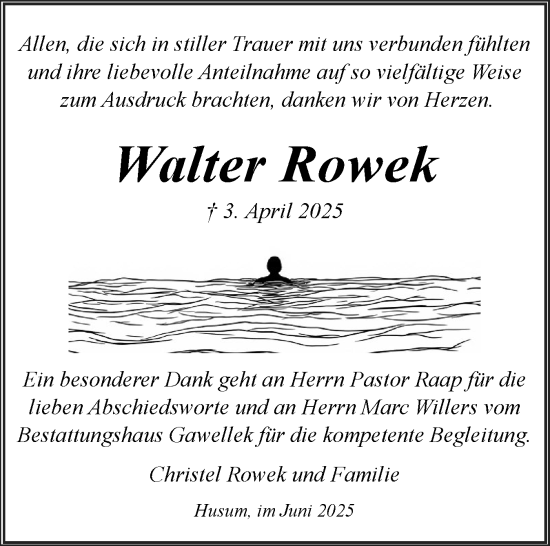 Traueranzeige von Walter Rowek von Husumer Nachrichten, Nordfriesland Tageblatt