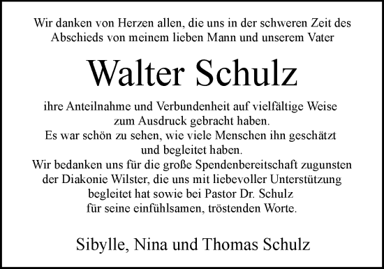 Traueranzeige von Walter Schulz von Norddeutsche Rundschau, Wilstersche Zeitung, Glückstädter Fortuna