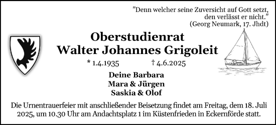 Traueranzeige von Walter Johannes Grigoleit von Schleswiger Nachrichten, Schlei-Bote