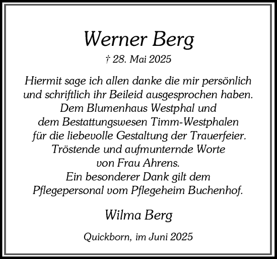 Traueranzeige von Werner Berg von Region Pinneberg und tip Pinneberg