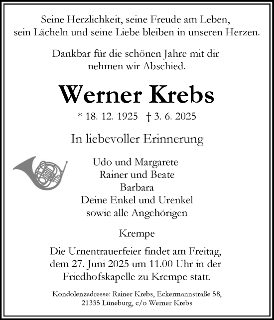 Traueranzeige von Werner Krebs von Norddeutsche Rundschau, Wilstersche Zeitung, Glückstädter Fortuna