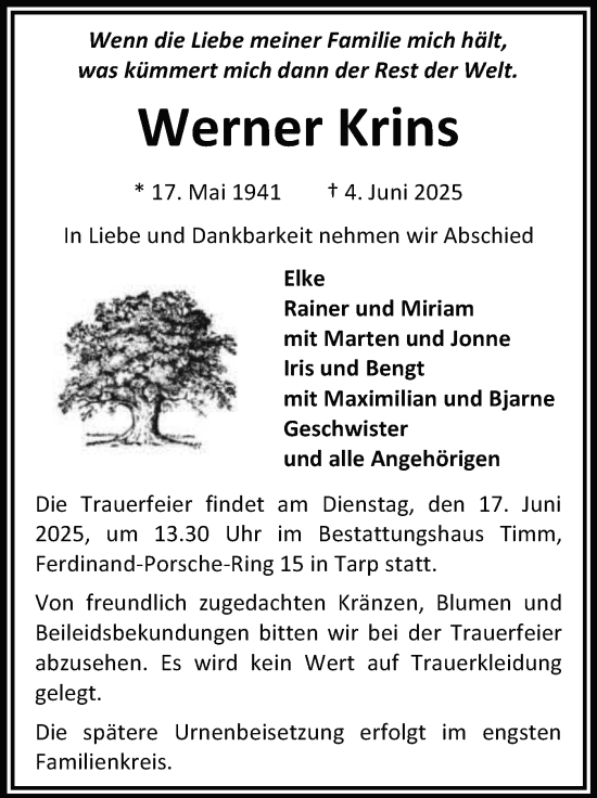 Traueranzeige von Werner Krins von Flensburger Tageblatt