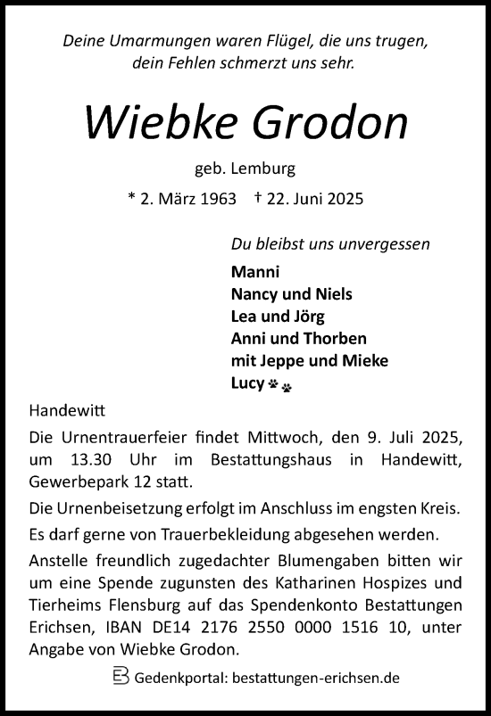 Traueranzeige von Wiebke Grodon von Flensburger Tageblatt