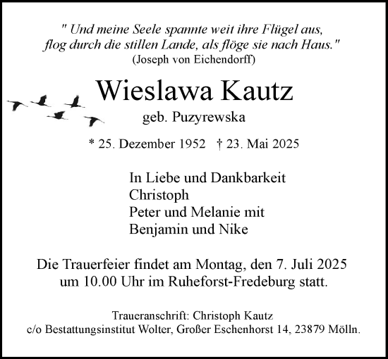 Traueranzeige von Wieslawa Kautz von MARKT Ratzeburg/Mölln