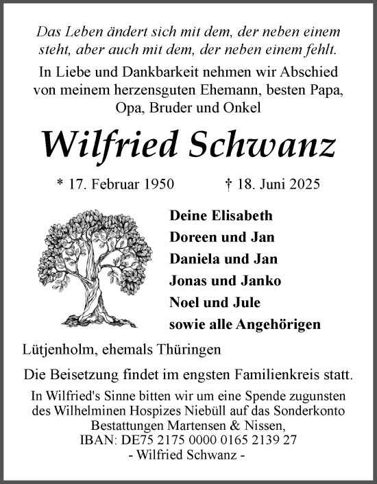Traueranzeige von Wilfried Schwanz von Husumer Nachrichten, Nordfriesland Tageblatt