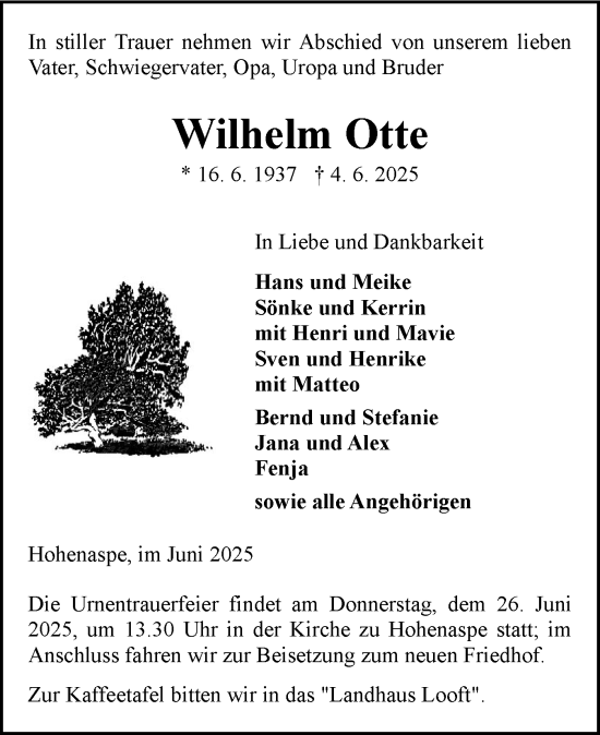 Traueranzeige von Wilhelm Otte von Norddeutsche Rundschau, Wilstersche Zeitung, Glückstädter Fortuna