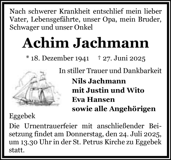 Traueranzeige von Achim Jachmann von Flensburger Tageblatt