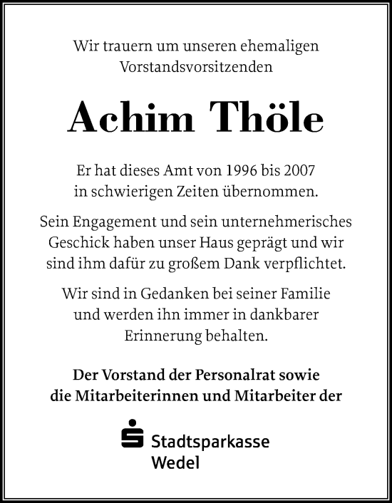 Traueranzeige von Achim Thöle von Wedel-Schulauer Tageblatt, tip Wedel-Schulauer Tageblatt, tip Rissener Rundschau