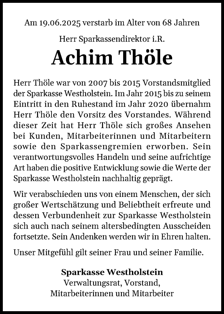  Traueranzeige für Achim Thöle vom 05.07.2025 aus Norddeutsche Rundschau, Wilstersche Zeitung, Glückstädter Fortuna
