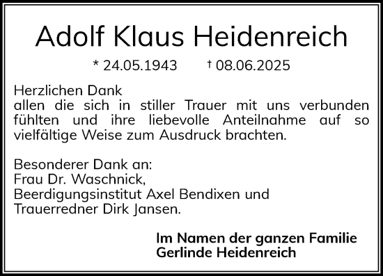 Traueranzeige von Adolf Klaus Heidenreich von Schleswiger Nachrichten, Schlei-Bote