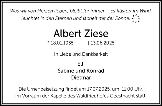 Traueranzeige von Albert Ziese von Wochenend Anzeiger