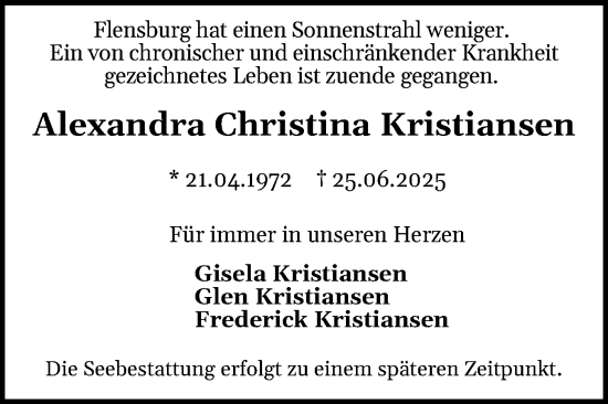 Traueranzeige von Alexandra Christina Kristiansen von Flensburger Tageblatt