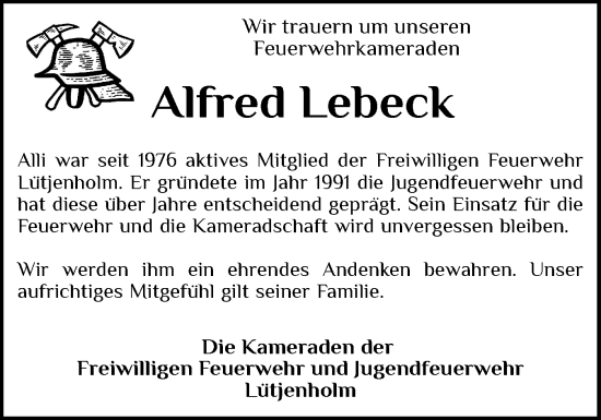 Traueranzeige von Alfred Lebeck von Husumer Nachrichten, Nordfriesland Tageblatt