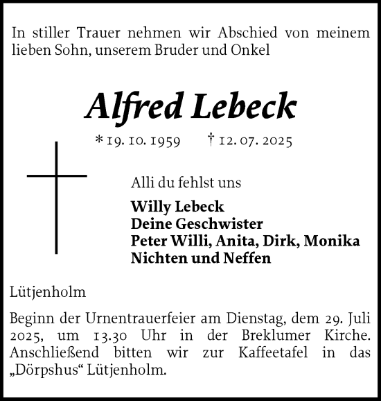 Traueranzeige von Alfred Lebeck von Husumer Nachrichten, Nordfriesland Tageblatt