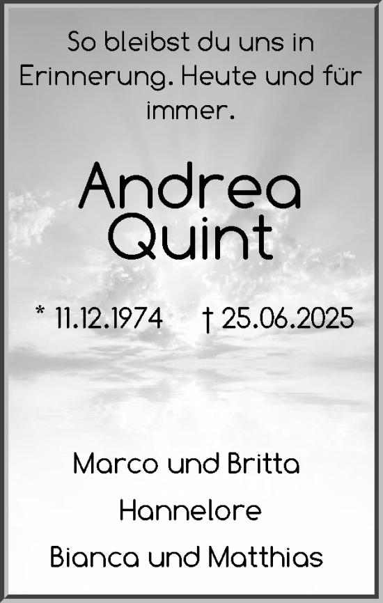 Traueranzeige von Andrea Quint von Schleswig-Holsteinische Landeszeitung