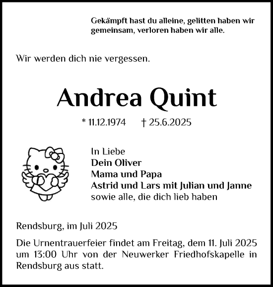 Traueranzeige von Andrea Quint von Schleswig-Holsteinische Landeszeitung