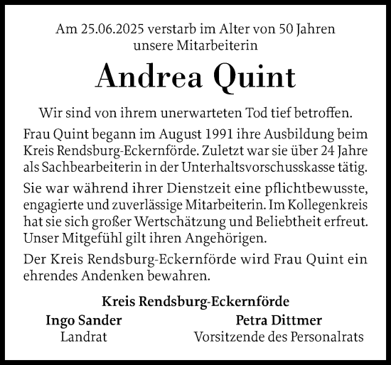 Traueranzeige von Andrea Quint von Schleswig-Holsteinische Landeszeitung