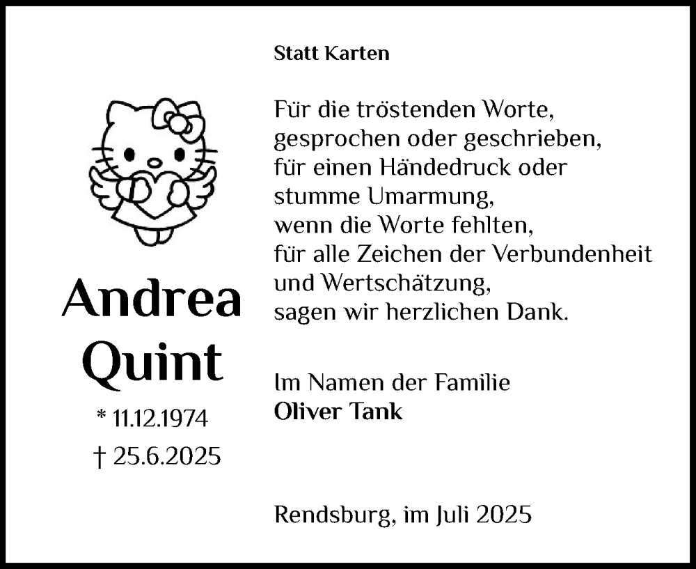  Traueranzeige für Andrea Quint vom 26.07.2025 aus Schleswig-Holsteinische Landeszeitung