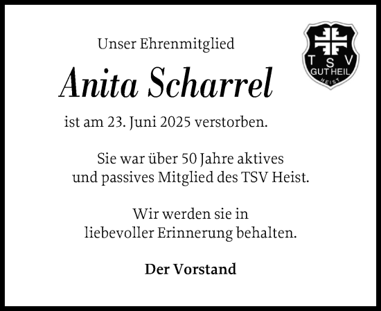 Traueranzeige von Anita Scharrel von Uetersener Nachrichten, Der tip am Wochenende