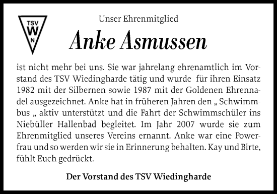 Traueranzeige von Anke Asmussen von Husumer Nachrichten, Nordfriesland Tageblatt