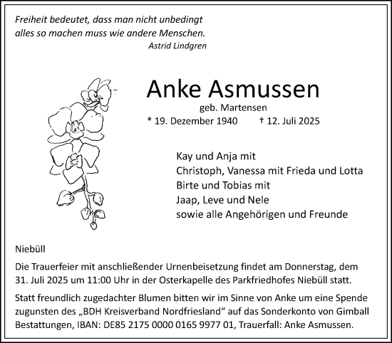 Traueranzeige von Anke Asmussen von Husumer Nachrichten, Nordfriesland Tageblatt