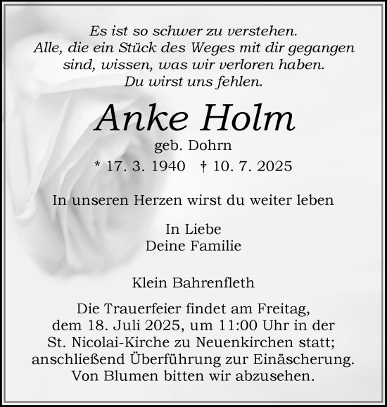Traueranzeige von Anke Holm von Norddeutsche Rundschau, Wilstersche Zeitung, Glückstädter Fortuna