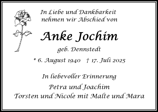 Traueranzeige von Anke Jochim von MARKT Bad Oldesloe/Reinfeld und Stormarner Tageblatt