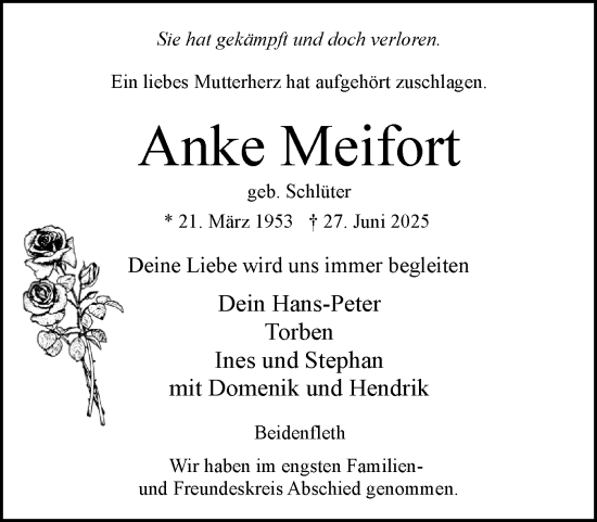 Traueranzeige von Anke Meifort von Norddeutsche Rundschau, Wilstersche Zeitung, Glückstädter Fortuna