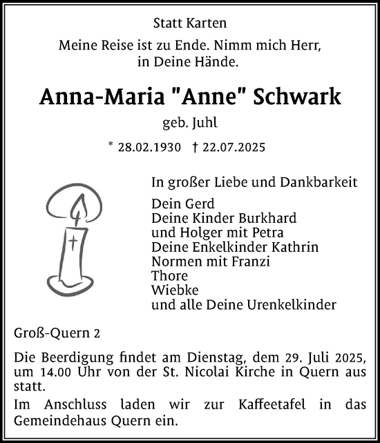 Traueranzeige von Anna-Maria Schwark von Flensburger Tageblatt
