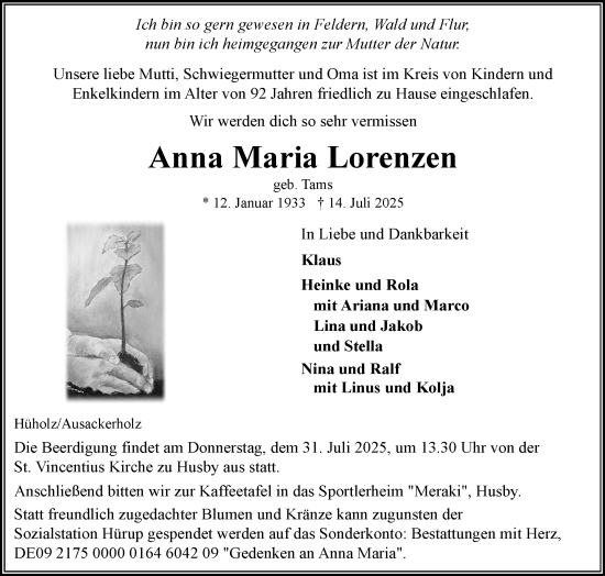 Traueranzeige von Anna Maria Lorenzen von Flensburger Tageblatt