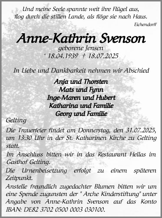 Traueranzeige von Anne-Kathrin Svenson von Flensburger Tageblatt